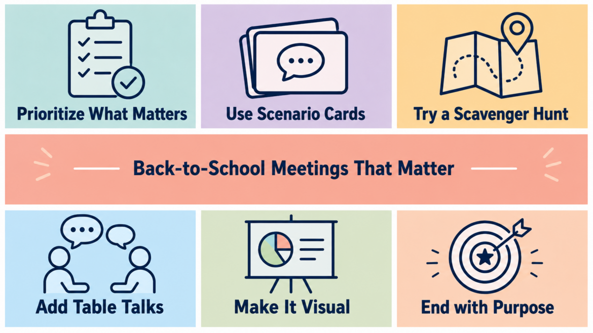 A pastel infographic titled Back-to-School Meetings That Matter, featuring six navy line-art tiles with strategies for stronger school staff meetings: Prioritize What Matters, Use Scenario Cards, Try a Scavenger Hunt, Add Table Talks, Make It Visual, and End with Purpose.