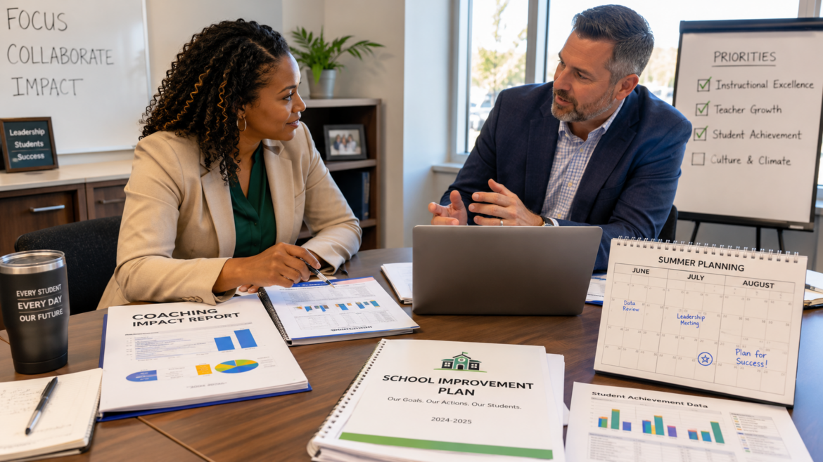 Two education professionals sit across a conference table discussing school improvement strategies. Reports with charts and graphs, a laptop, a school improvement plan booklet, and a summer planning calendar are spread across the table. In the background, a whiteboard highlights focus areas including collaboration and impact, while a flip chart lists priorities such as instructional excellence, teacher growth, and student achievement.