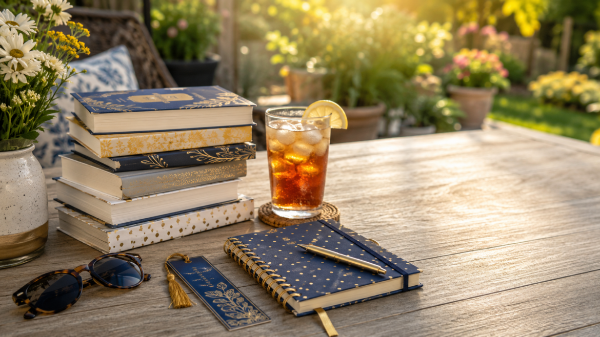 A stack of blue, white, and gold patterned books sits on a rustic garden table beside iced tea with lemon, sunglasses, a bookmark, flowers, and a matching notebook in warm afternoon sunlight.