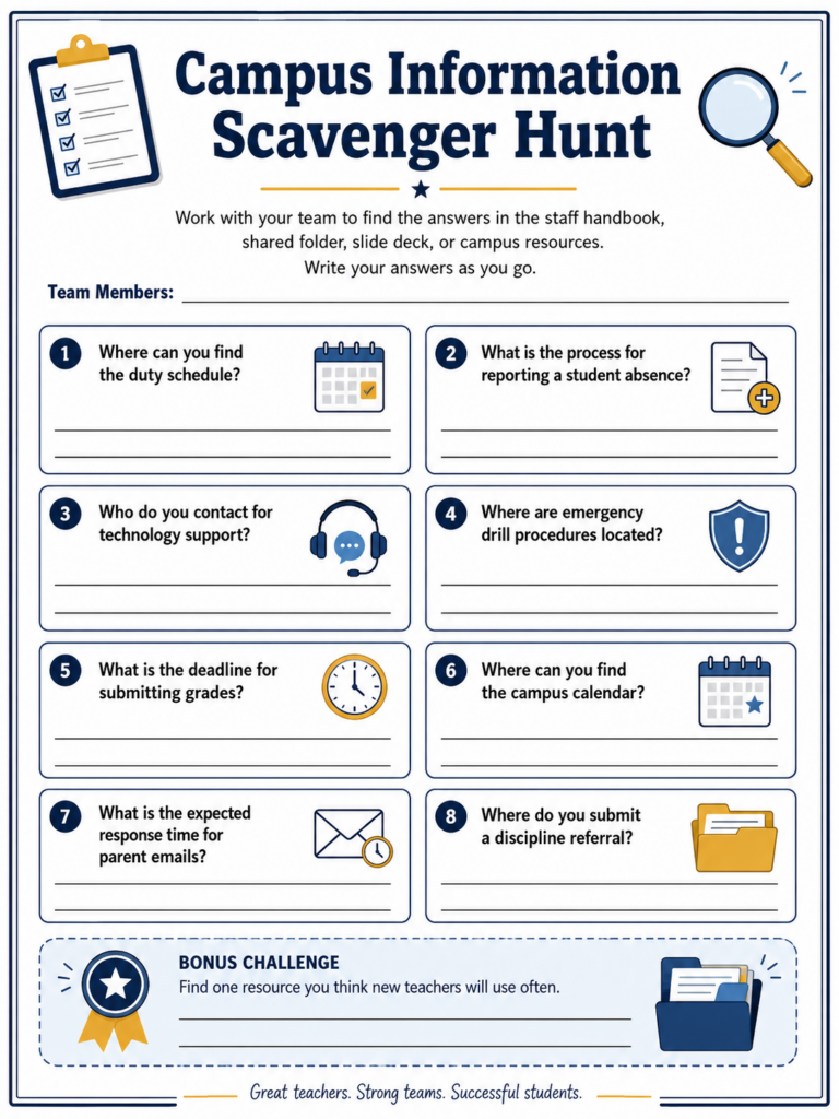 A sample Campus Information Scavenger Hunt with navy and gold school-themed graphics. It prompts staff teams to find answers about duty schedules, absences, technology support, emergency drills, grade deadlines, the campus calendar, parent email response time, discipline referrals, and a bonus resource for new teachers.