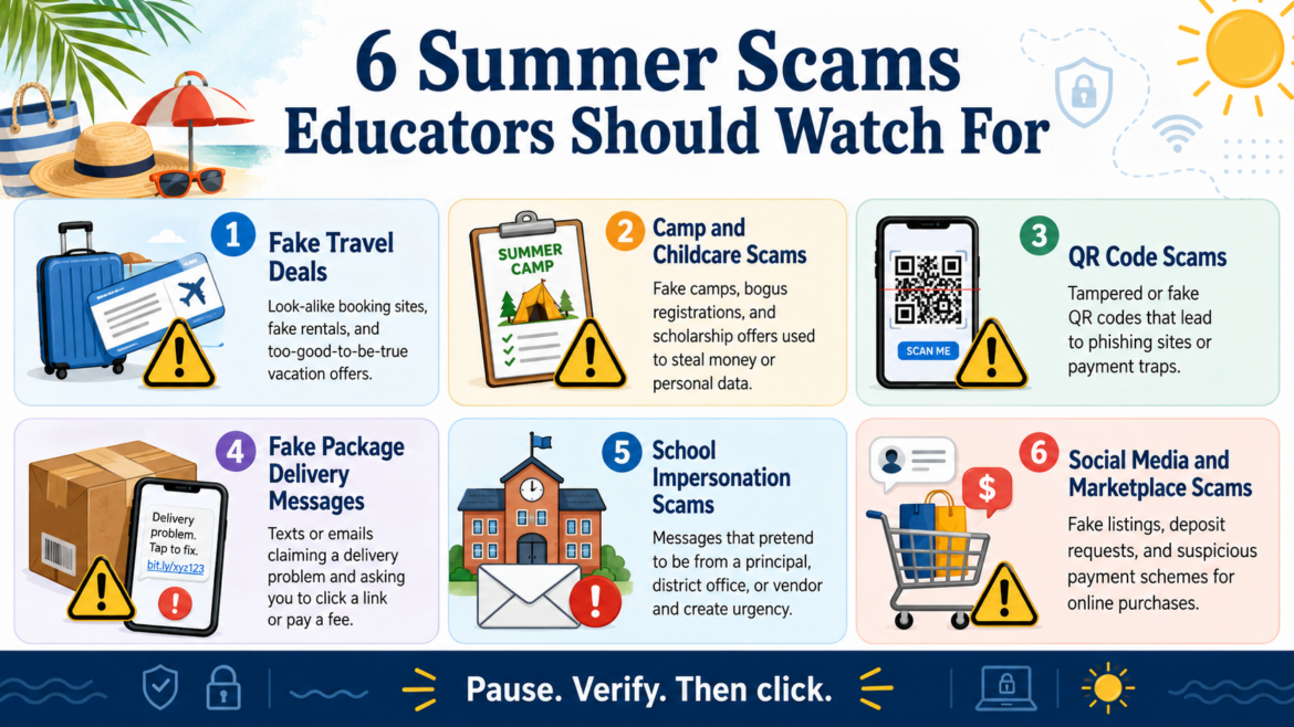 Infographic titled “6 Summer Scams Educators Should Watch For” listing fake travel deals, camp and childcare scams, QR code scams, fake package delivery messages, school impersonation scams, and social media marketplace scams, with the reminder “Pause. Verify. Then click.”