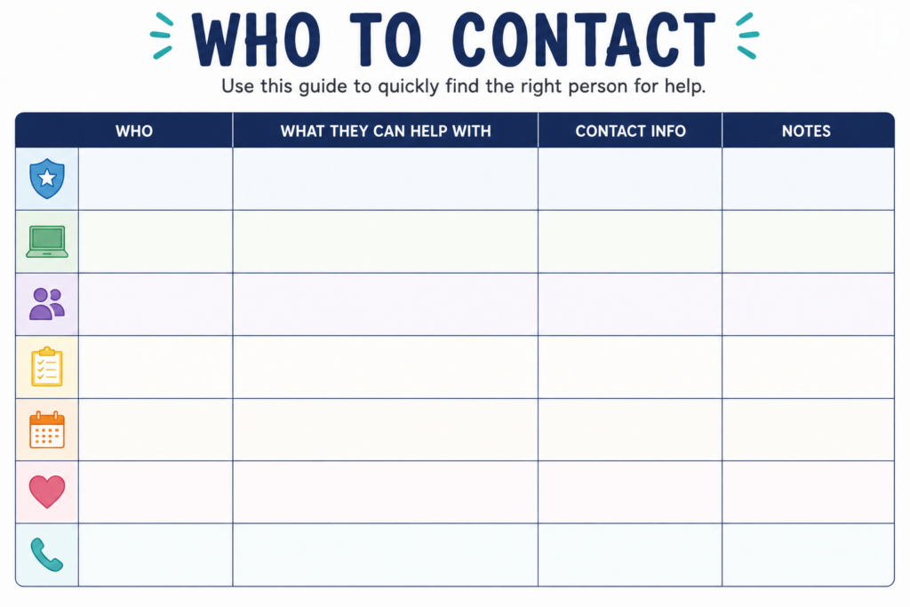 A blank school contact guide titled Who to Contact with the subtitle Use this guide to quickly find the right person for help. The table includes columns for who, what they can help with, contact info, and notes, with rows marked by icons for safety, technology, people, checklists, calendar, care or support, and phone contact.