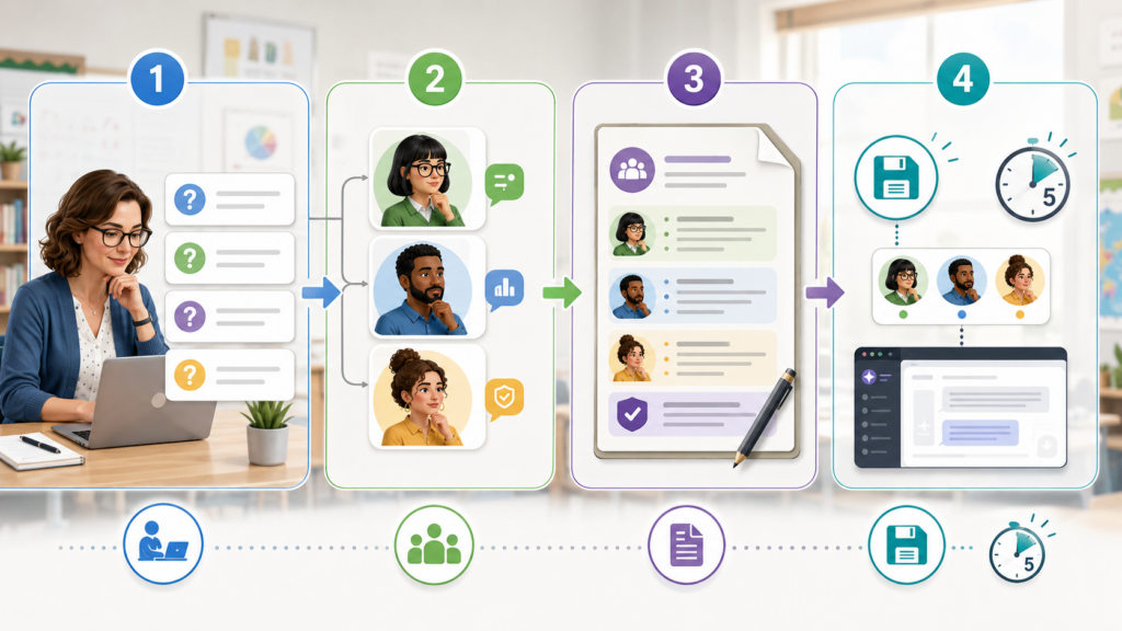 Four-step classroom infographic showing a teacher identifying lesson-plan questions, selecting three specialized AI critics, combining their feedback in a review document, and saving the team for a reusable five-minute workflow.