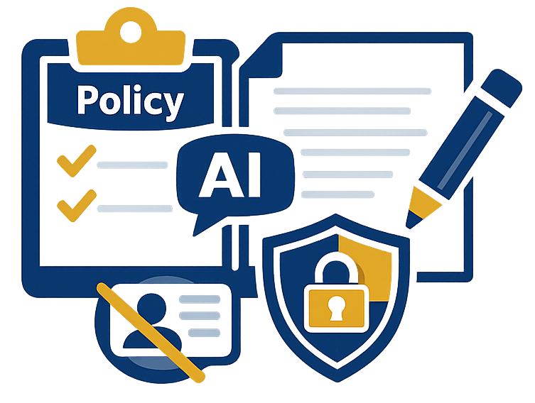 Blue and gold illustration of an AI policy toolkit featuring a clipboard, checklist, document, pencil, privacy shield, padlock, and restricted identity card.