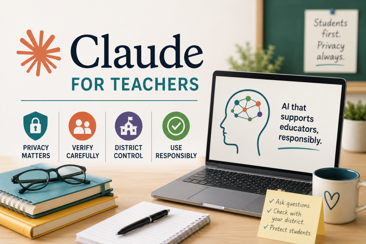 Featured image for Claude for Teachers showing a laptop, classroom supplies, and icons highlighting privacy, verification, district control, and responsible AI use.