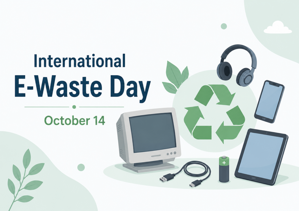 Featured image for International E-Waste Day on October 14, featuring a recycling symbol surrounded by an old computer monitor, smartphone, tablet, headphones, cable, and battery.