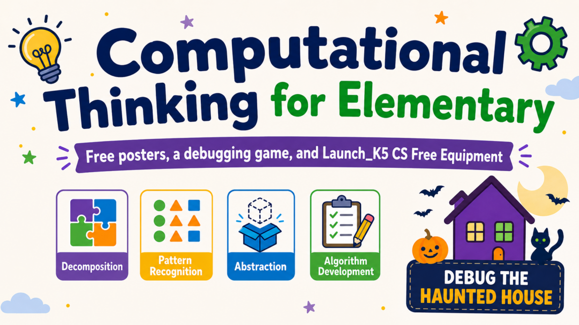 Featured image for a blog post about computational thinking for elementary students. The graphic reads “Computational Thinking for Elementary” with the subtitle “Free posters, a debugging game, and Launch_K5 CS Free Equipment.” Below are four colorful icons labeled Decomposition, Pattern Recognition, Abstraction, and Algorithm Development, along with a small Halloween-themed “Debug the Haunted House” illustration featuring a purple house, pumpkin, cat, moon, and bats.