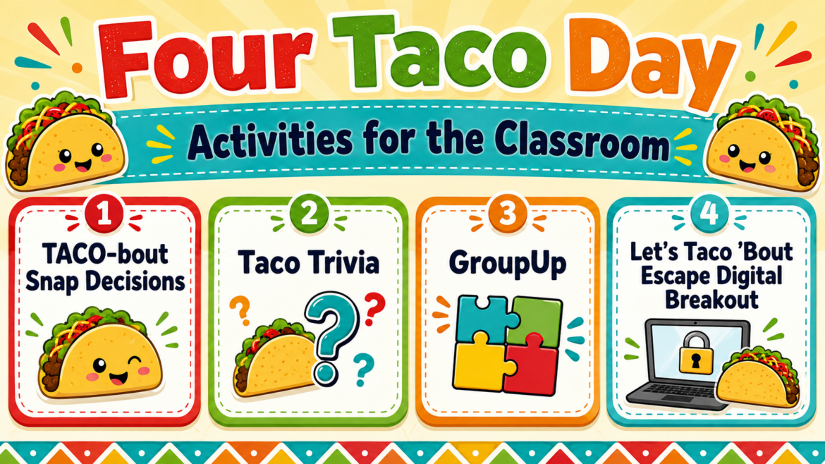 Bright, colorful classroom graphic titled “Four Taco Day Activities for the Classroom” with cute taco illustrations and four activity panels: 1) TACO-bout Snap Decisions, 2) Taco Trivia, 3) GroupUp, and 4) Let’s Taco ’Bout Escape Digital Breakout.