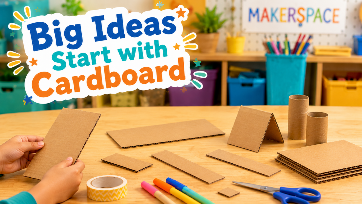 Pieces of cardboard and colorful craft supplies are arranged on a makerspace table beneath the words “Big Ideas Start with Cardboard.”
