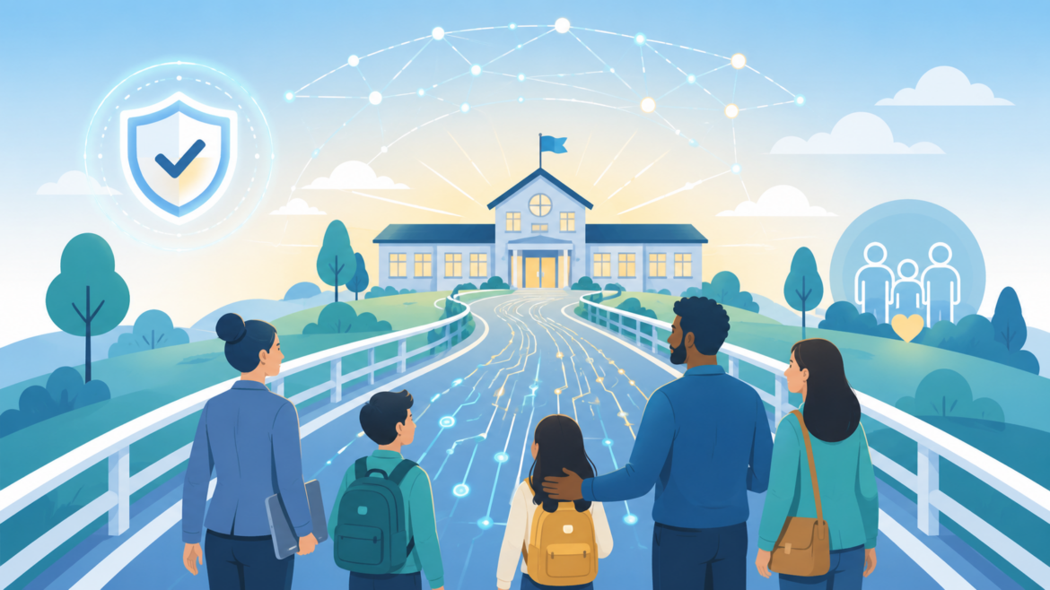 Students, educators, and families follow a guardrail-lined digital path toward a school, representing responsible and community-centered AI innovation.