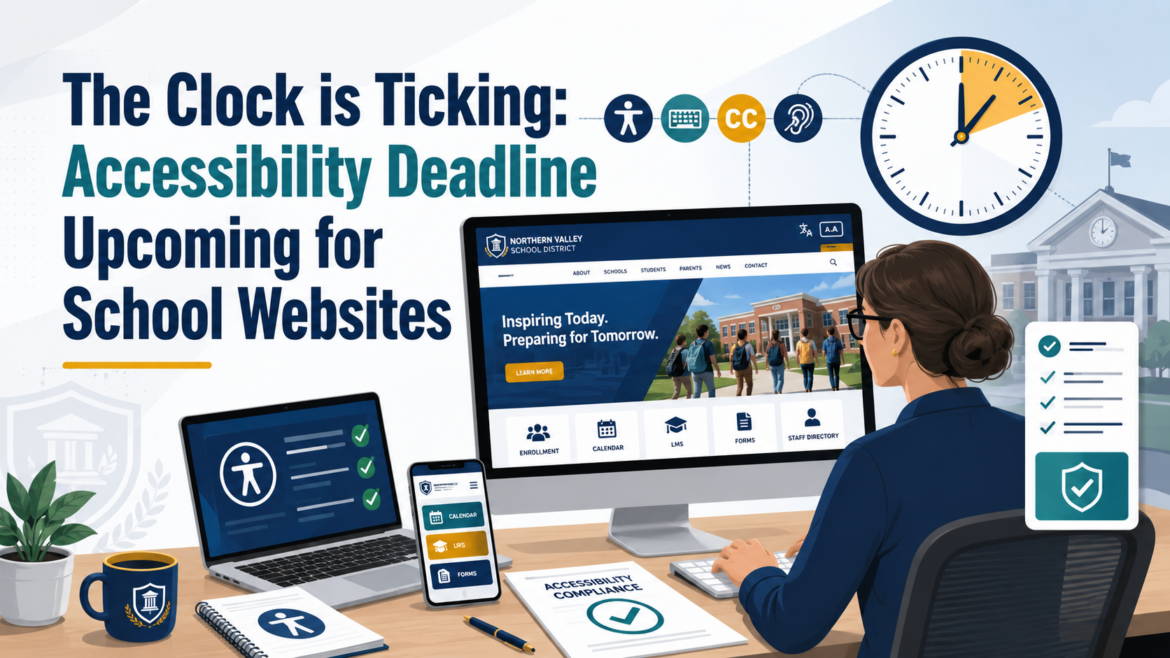 School district web developer reviewing an accessible school website on a desktop computer, with accessibility icons, a checklist, responsive devices, and a large clock emphasizing the approaching compliance deadline.