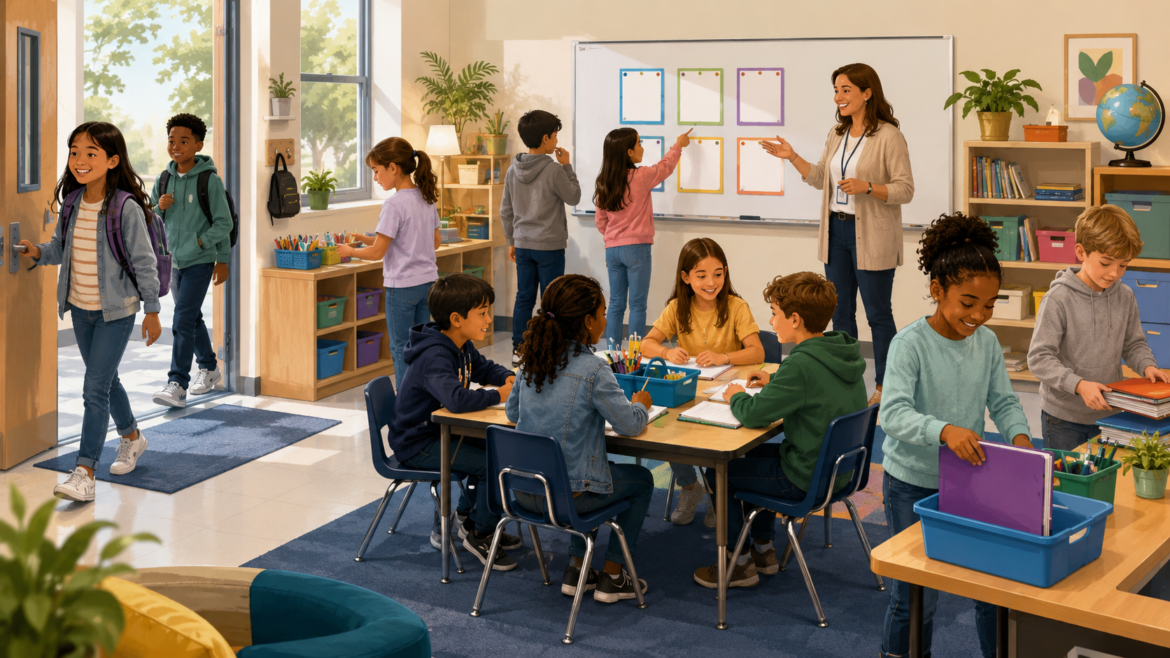 Students follow classroom routines by entering calmly, checking directions, gathering supplies, working in groups, and cleaning up as a teacher guides them.
