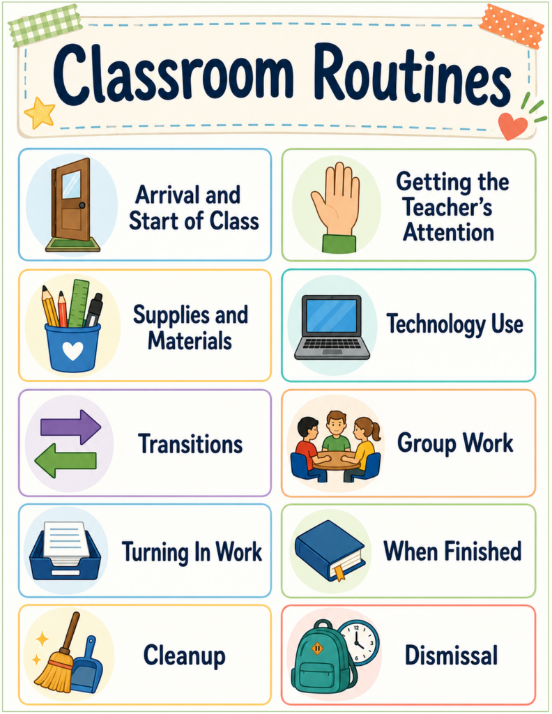 Classroom routines poster listing arrival, teacher attention, supplies, technology, transitions, group work, turning in work, early-finisher tasks, cleanup, and dismissal.