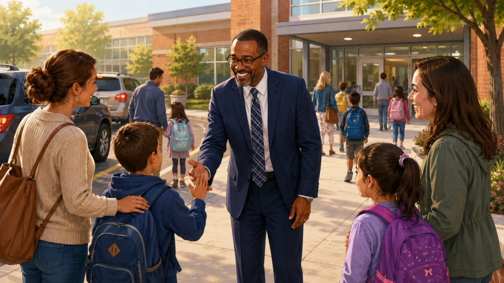 A school principal warmly greets families and students during morning arrival outside a school entrance, as children with backpacks walk in and cars line the drop-off area.
