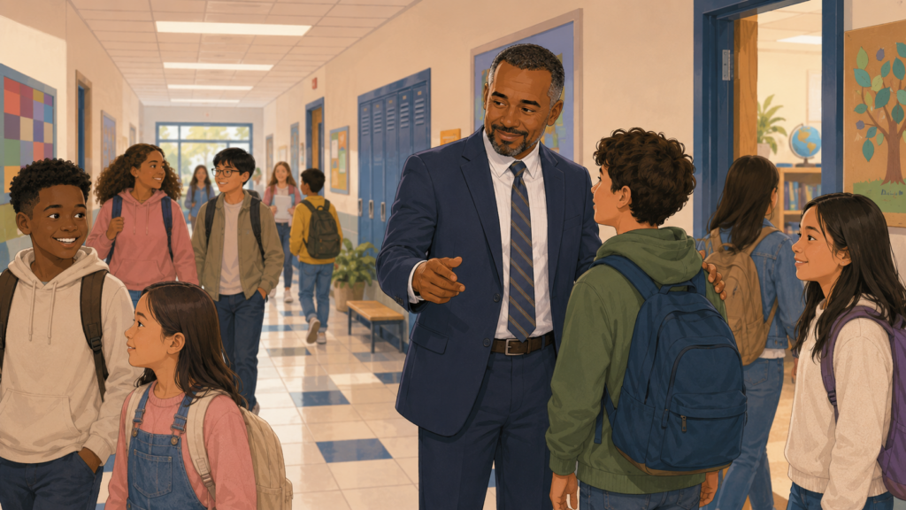 A school principal kindly guides students during a busy hallway transition as students walk and talk between classes.