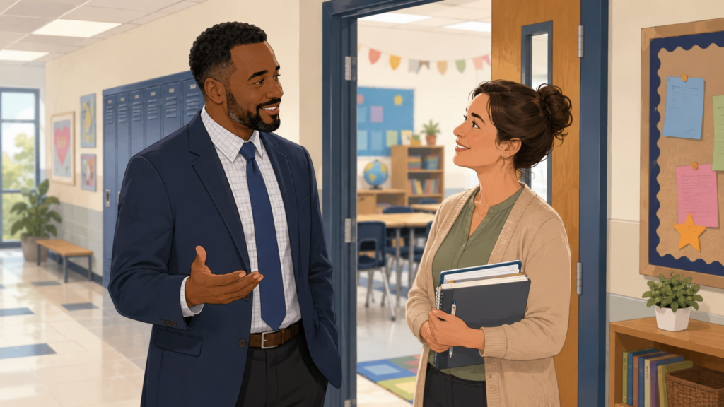 A school principal has a supportive conversation with a teacher outside a classroom in a bright school hallway.