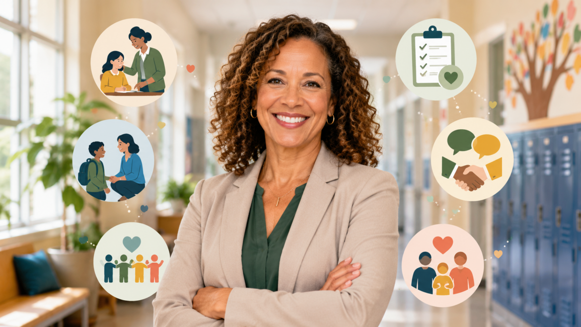 A school principal stands in a bright hallway surrounded by visual elements representing teacher support, student connection, routines, family communication, and school culture.