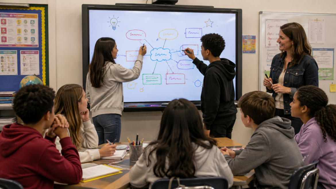 Illustrated five-step infographic showing how to make a whiteboard interactive: pick one activity, prepare your data, try it, notice what happens, and share the result.