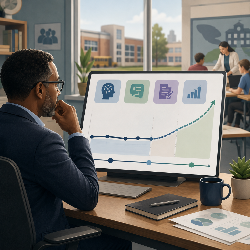 Education professional reviews a computer dashboard with AI, communication, document, and analytics icons above a rising performance graph in a school office.