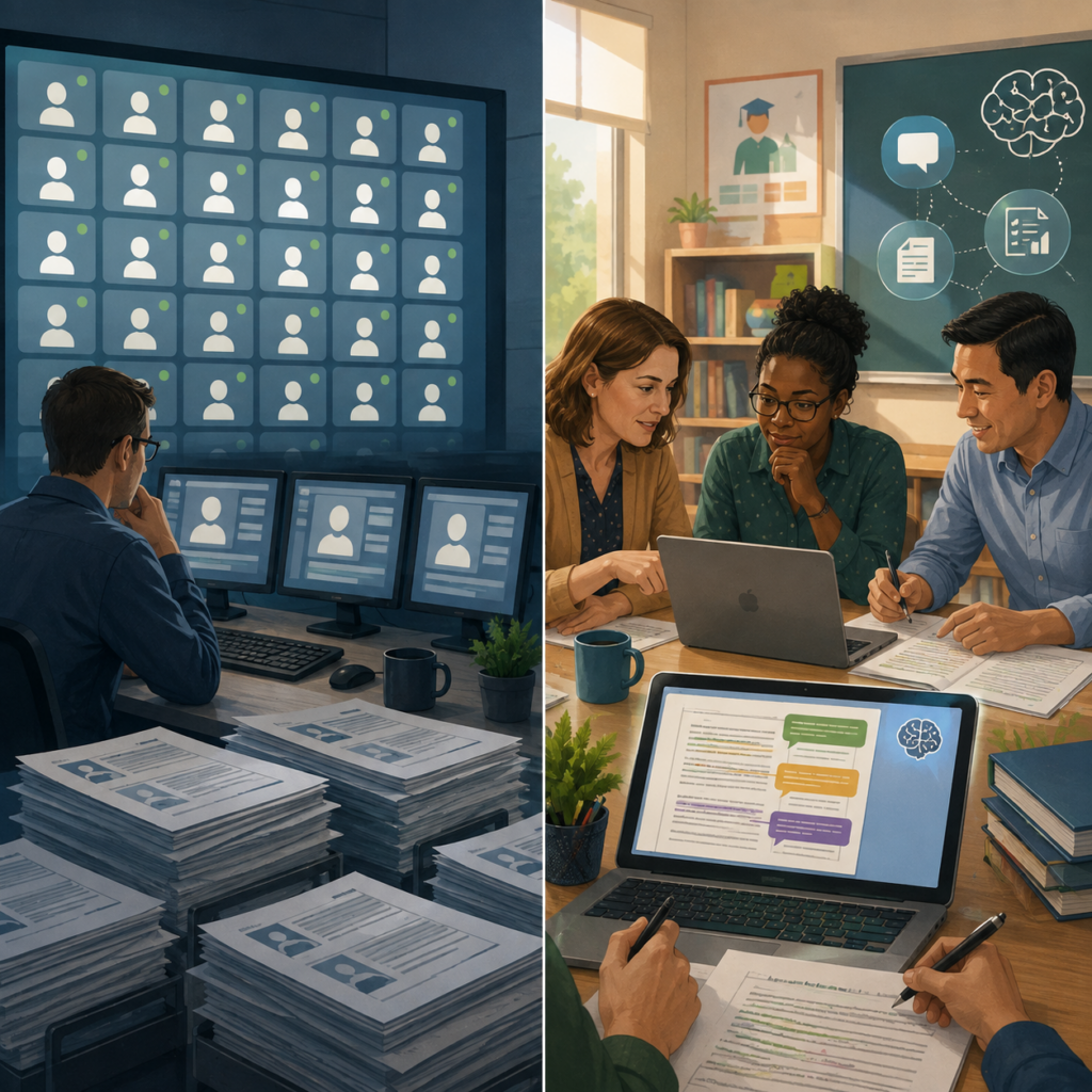 Split-screen illustration contrasts an administrator managing virtual profiles and stacks of paperwork with educators collaboratively reviewing AI-assisted feedback on laptops.