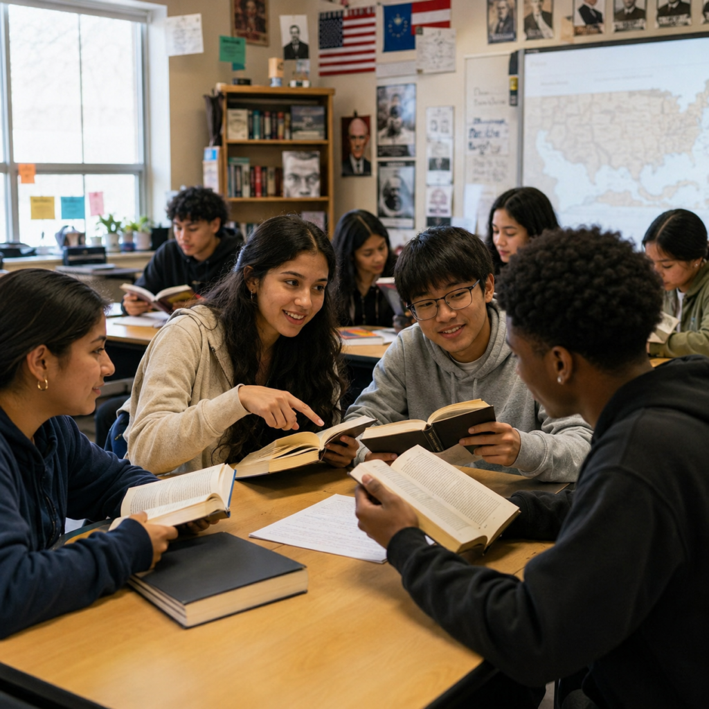 A diverse group of students sit around a classroom table discussing open books, while other students read in the background beneath historical posters and a large map.