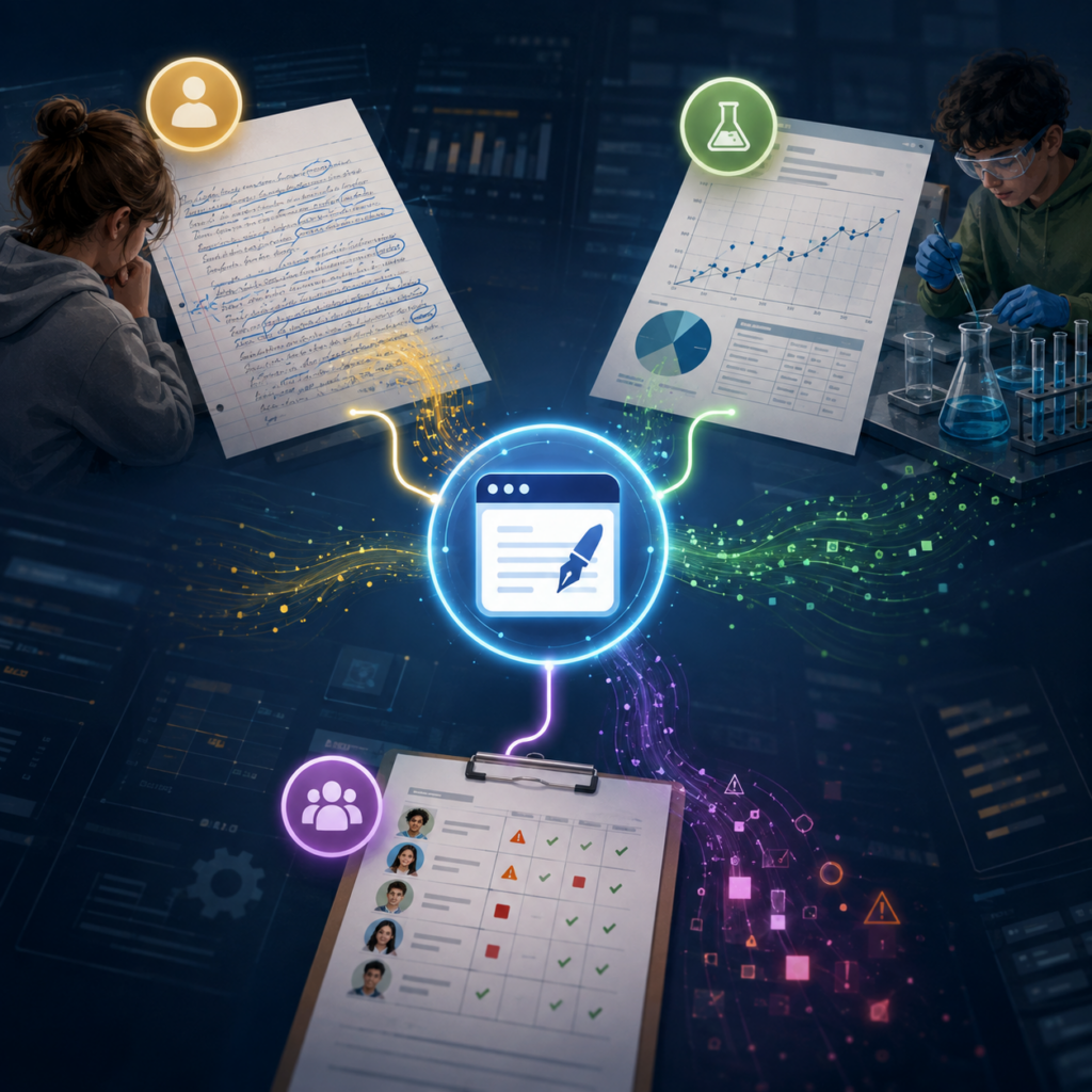 A glowing AI writing tool connects to three different school tasks: providing feedback on a student essay, analyzing science lab data, and processing student behavior records.