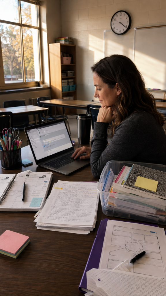 A teacher works alone on a laptop in a sunlit classroom, surrounded by lesson plans, notebooks, sticky notes, student papers, and classroom supplies.