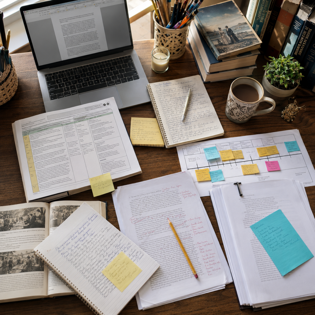 Overhead view of a writer’s wooden desk covered with a laptop, historical books, handwritten notebooks, edited manuscript pages, research documents, a timeline with colorful sticky notes, pens, and a cup of coffee.