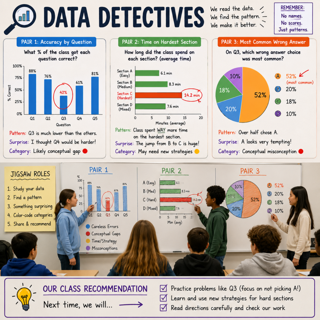 Middle school students act as “Data Detectives,” analyzing anonymized class data charts to identify patterns, discuss misconceptions, and recommend ways to improve learning.