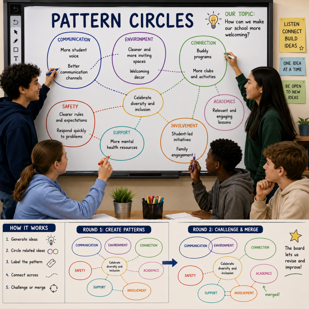 Middle school students use colored markers to circle, categorize, and connect related ideas on an interactive board, then revise and merge their groupings as they discuss patterns.
