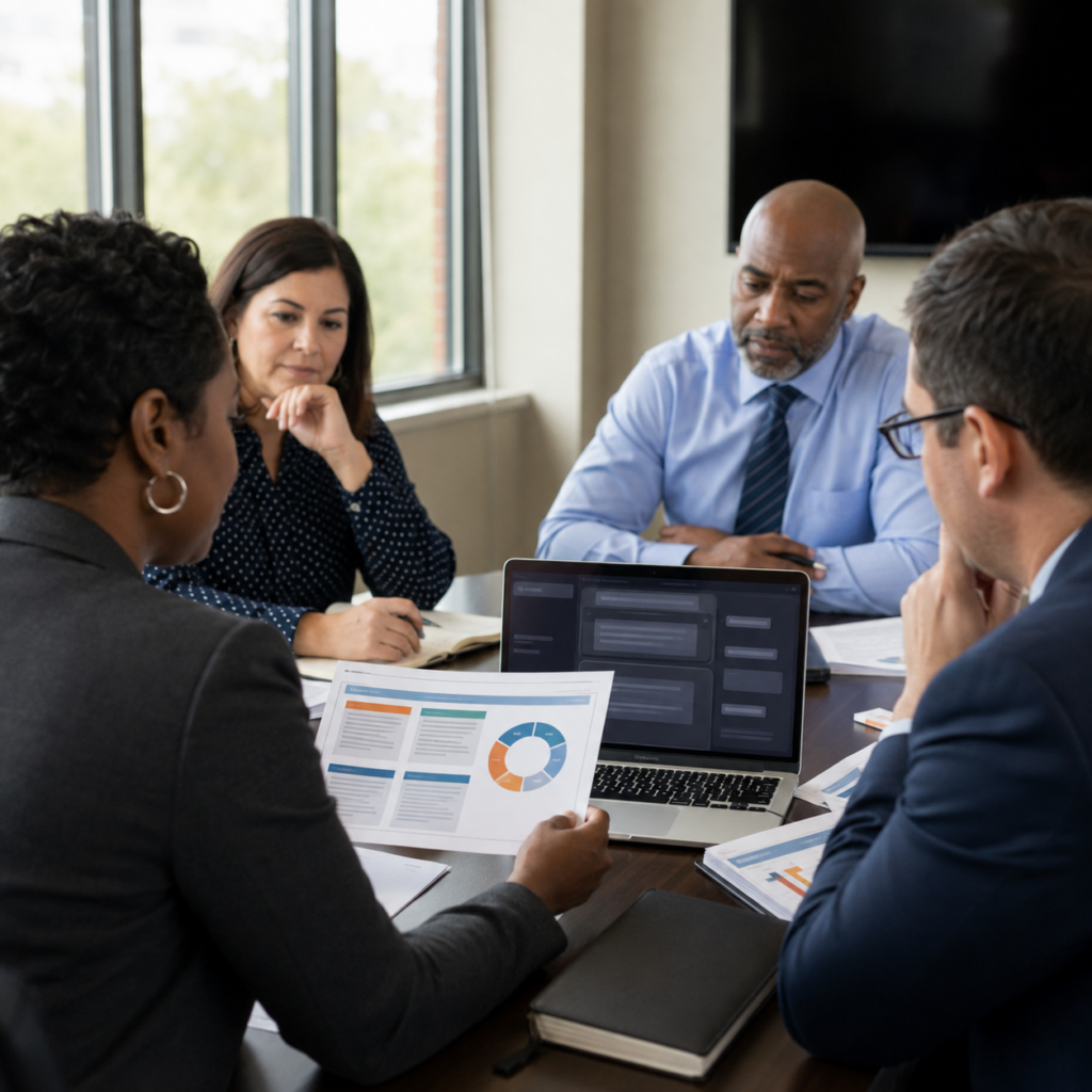 Four business professionals gather around a conference table as one person presents a printed report with a circular chart beside an open laptop.