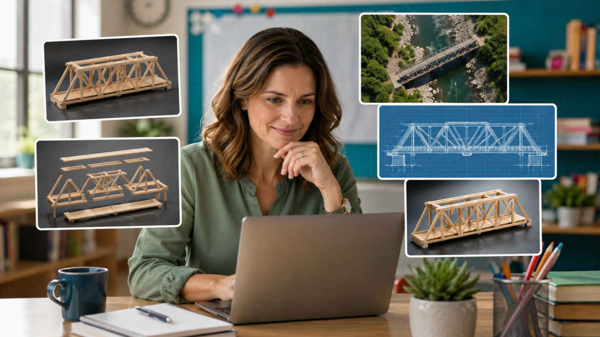 Teacher working on a laptop in a classroom, surrounded by inset images of wooden truss bridge models, a bridge blueprint, construction components, and an aerial view of a real bridge crossing a river.