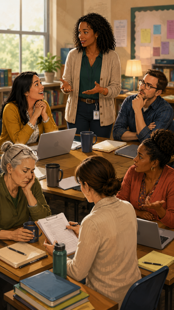 An instructional coach leads a professional-learning discussion with five diverse K–12 teachers seated around a classroom table. Their expressions and body language range from enthusiastic and thoughtful to tired, cautious, and concerned about practical challenges.