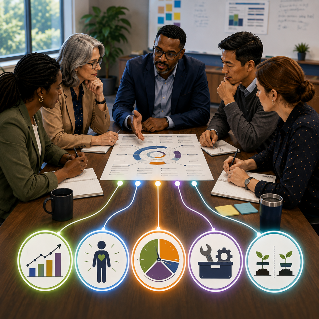 A diverse school leadership team examines a campus initiative around a conference table as five connected symbols represent metrics, people, time allocation, tools, and comparison testing.