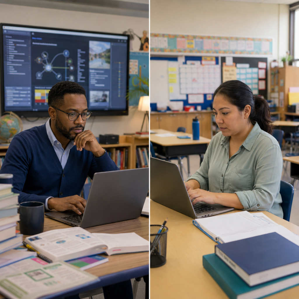 Split-screen image of two educators working on laptops in separate classrooms, surrounded by books, lesson materials, binders, and educational displays.