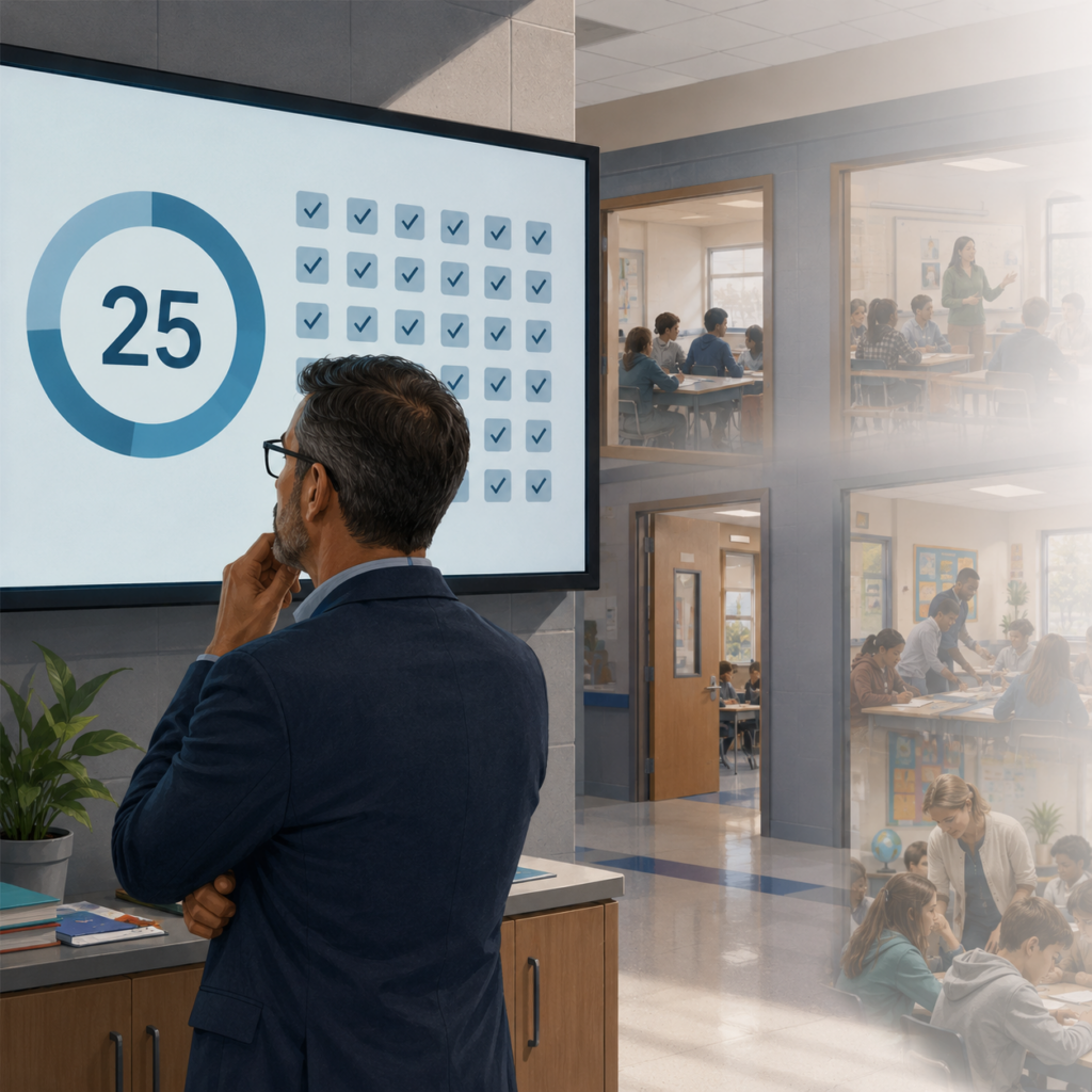 A school administrator studies a walkthrough dashboard dominated by the number 25 while classroom instruction fades into the background.