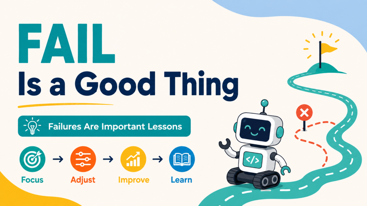 Featured image for “FAIL Is a Good Thing” showing a friendly robot following a winding path from a wrong turn toward a goal, with the messages “Failures Are Important Lessons” and “Focus, Adjust, Improve, Learn.”