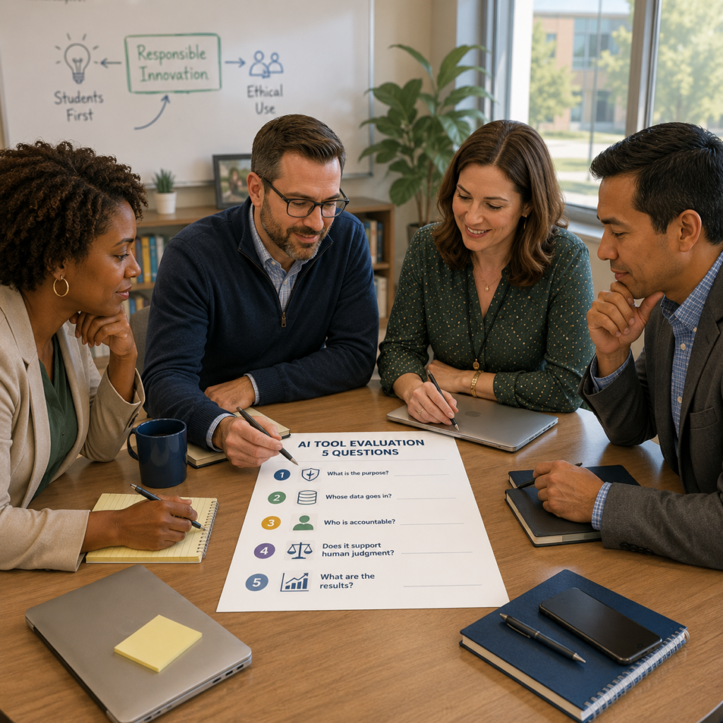 Four educators gather around a table reviewing a five-question AI evaluation worksheet focused on purpose, data, accountability, human judgment, and results.