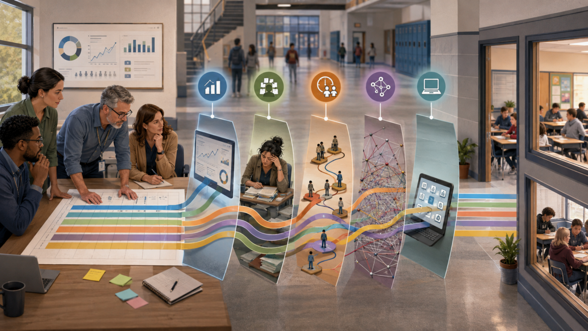 A diverse middle school leadership team studies a campus initiative pathway that travels through five conceptual forces—metrics, teacher workload, coaching allocation, interconnected systems, and technology—before reaching classrooms.