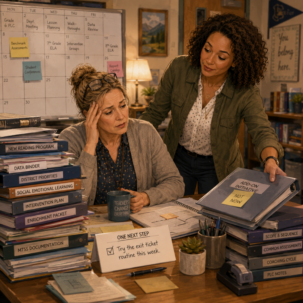 An experienced middle school teacher sits overwhelmed at a desk crowded with curriculum binders, planning materials, and competing priorities while an instructional coach helps remove one item from the workload and focuses attention on a single next step.