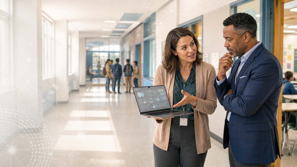 Two educators discuss data and analytics displayed on a laptop while standing in a bright school hallway with students and classrooms in the background.