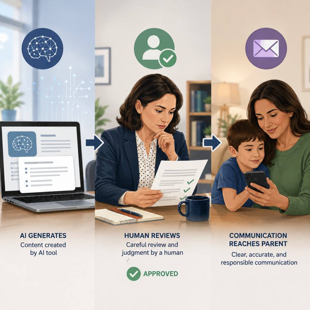Three-step illustration showing AI-generated content, a human reviewer approving the material, and a parent receiving the reviewed communication on a smartphone.