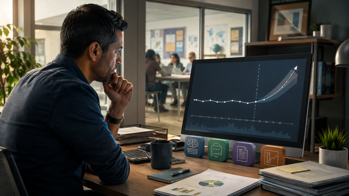 Business professional studies an analytics dashboard showing a sharp upward growth curve, with AI, chatbot, document, and reporting icons displayed beside the monitor.