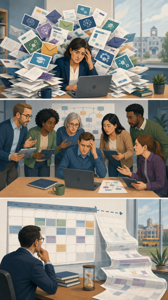 Three-panel illustration shows education professionals overwhelmed by digital messages, team coordination demands, and an overflowing calendar of deadlines and responsibilities.