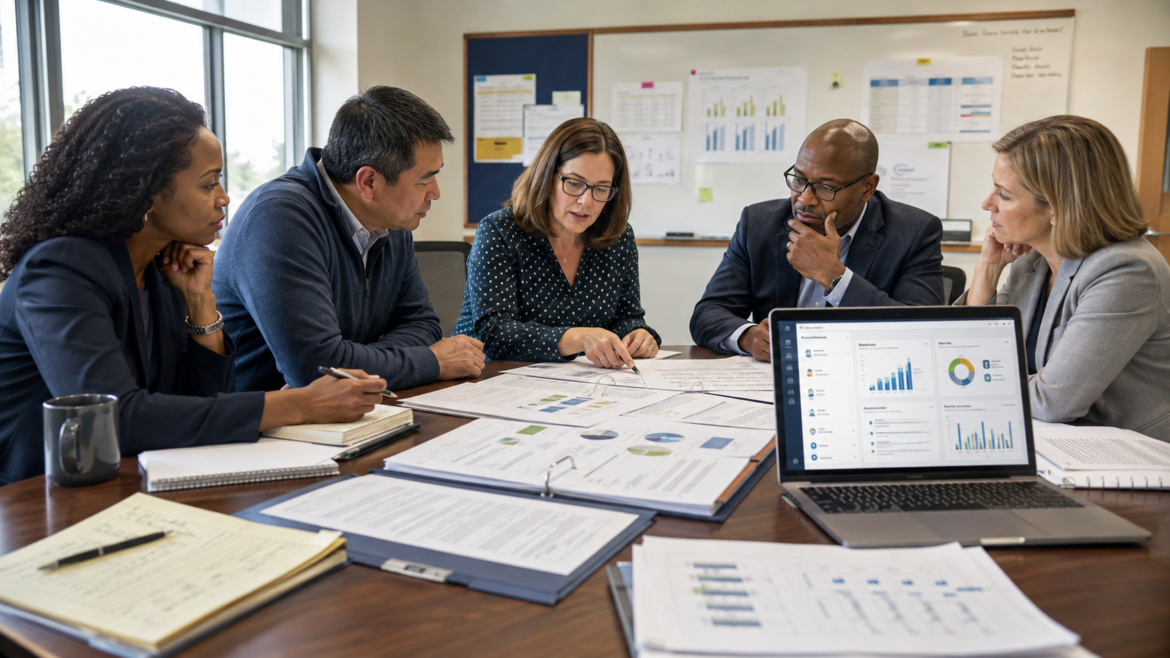 Five business professionals collaborate around a conference table covered with reports, charts, notebooks, and a laptop displaying an analytics dashboard.