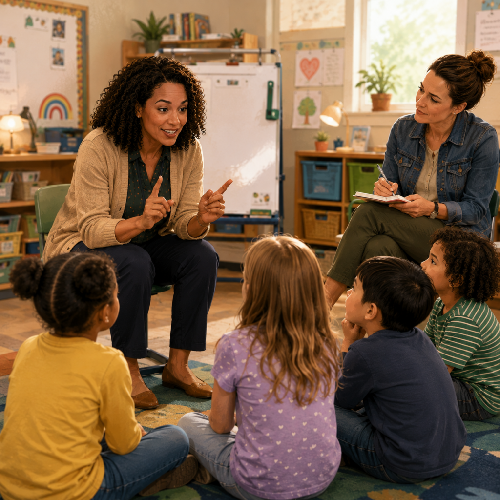 An instructional coach models a teaching routine with a diverse group of elementary students seated on a classroom rug while their teacher observes closely from nearby and takes notes.