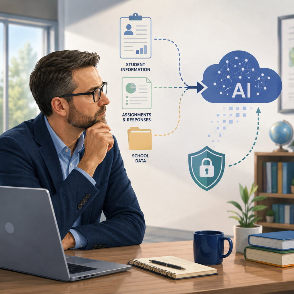 Educator at a desk studies a diagram showing student information, assignments, and school data flowing into an AI cloud protected by a security shield.