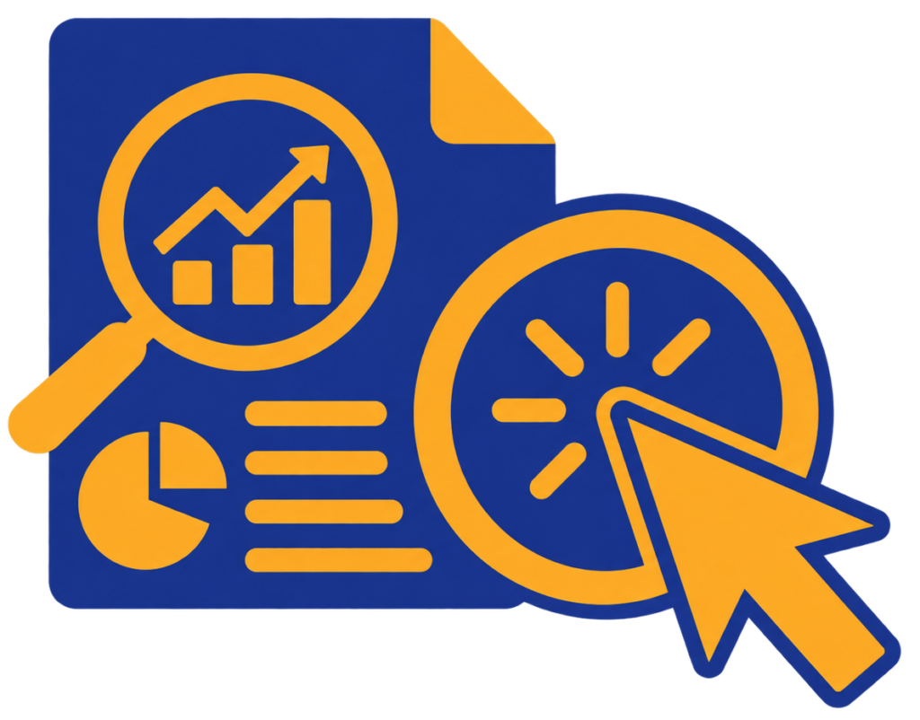 Research document icon with charts, magnifying glass, and cursor indicating a link to research details.