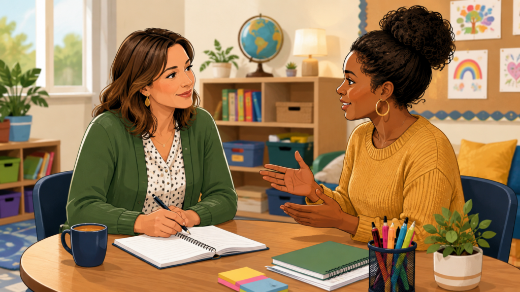 Instructional coach listening to a teacher during a supportive one-on-one conversation in a comfortable classroom setting.