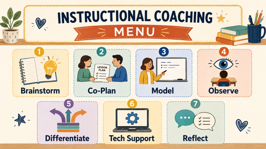 Graphic titled “Instructional Coaching Menu” with illustrated sections for brainstorm, co-plan, model, observe, differentiate, tech support, and reflect.